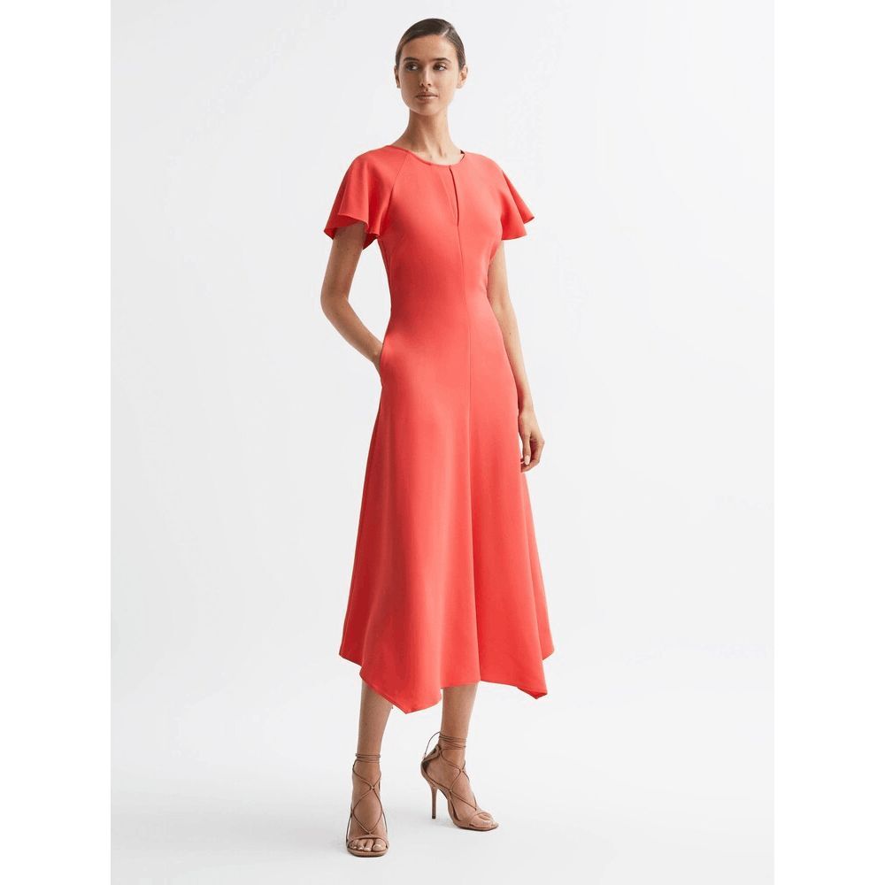 REISS Eleni Cap Sleeve Midi Dress in Coral US 4 $395